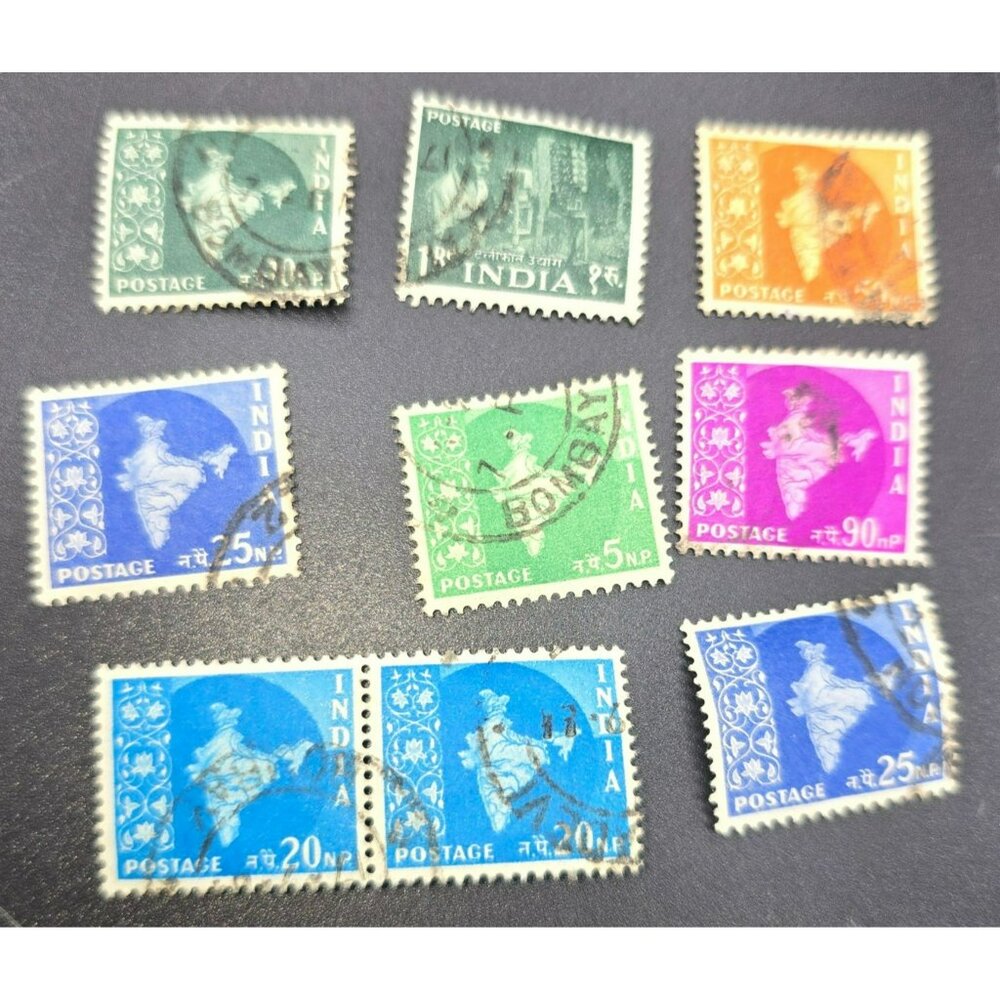 Vintage Indian Postage Stamps Lot Of 9 - Various Colors & Denominations LI3049
